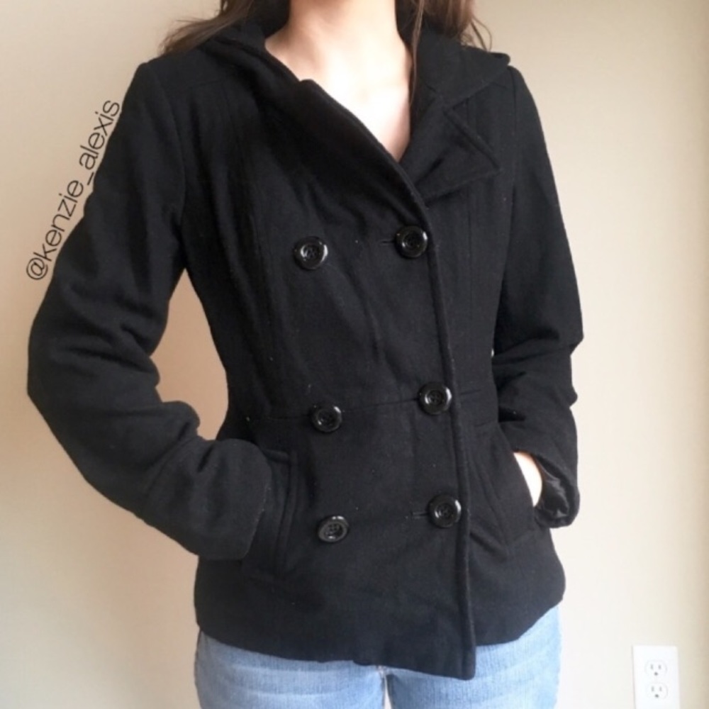 Giacca Black Wool Blend Button Down Pea Coat